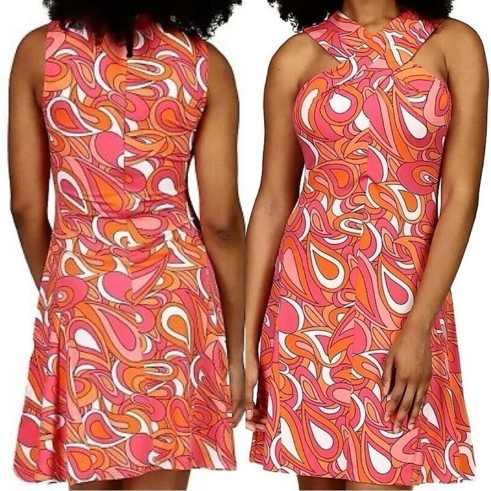 MICHAEL Michael Kors Swirl Print Twisted Neck Dress Orange Pink White Sz S